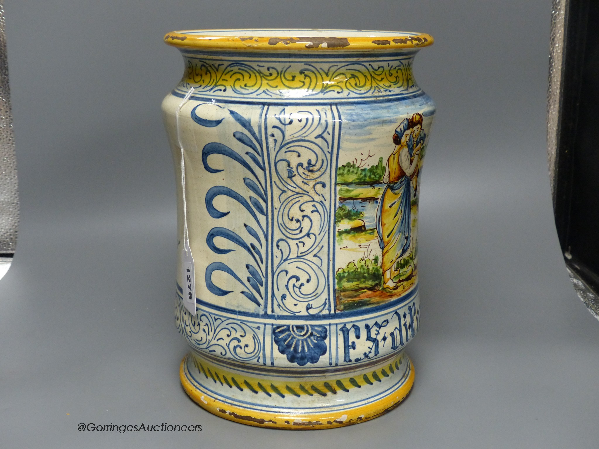 An Italian Orvieto vase or jardinière of albarello form